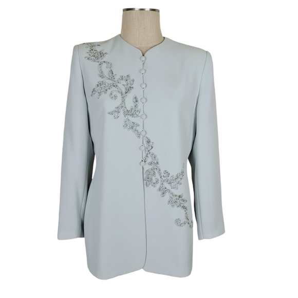 Le Suit Blazer Size 8P Long Embellished Beaded Sparkle Loop Buttons Mint Green - Picture 1 of 10